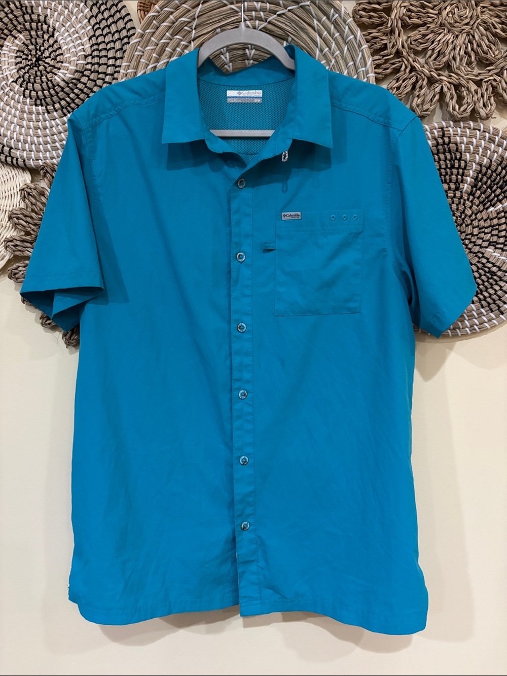 Gorpcore Columbia Mens M Blue / Teal Short Sleeve Button Up Shirt Omni shade